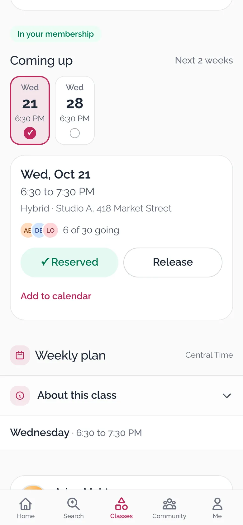 Classes and reservations, on a phone
